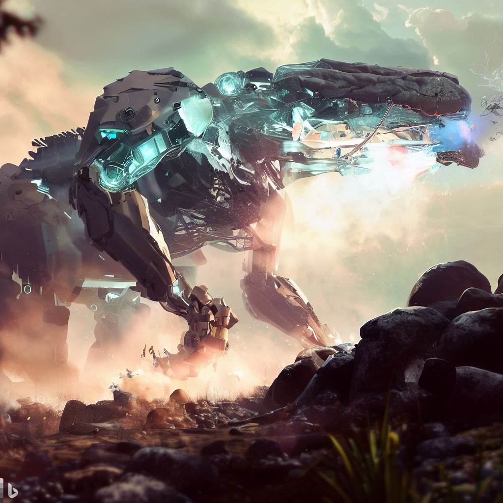 giant future mech dinosaur with glass body firing guns, rocks in foreground, wildlife in foreground, smoke, detailed clouds, lens flare 6.jpg